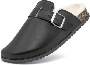 Waterproof Fur Lined Clogs for Women, PU Leather Winter Warm Fuzzy Cork Footbed Mules Slip On Patato Shoes for Indoor Outdoor