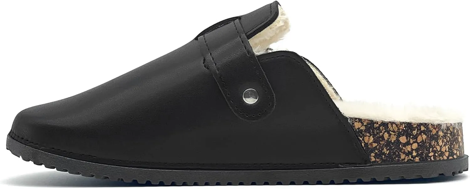 Waterproof Fur Lined Clogs for Women, PU Leather Winter Warm Fuzzy Cork Footbed Mules Slip On Patato Shoes for Indoor Outdoor