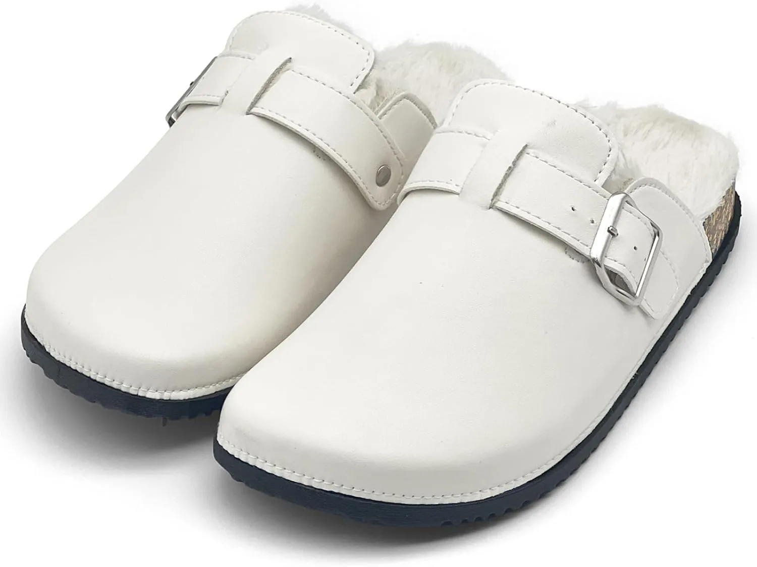 Waterproof Fur Lined Clogs for Women, PU Leather Winter Warm Fuzzy Cork Footbed Mules Slip On Patato Shoes for Indoor Outdoor