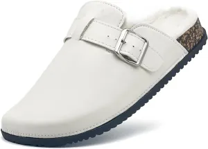 Waterproof Fur Lined Clogs for Women, PU Leather Winter Warm Fuzzy Cork Footbed Mules Slip On Patato Shoes for Indoor Outdoor