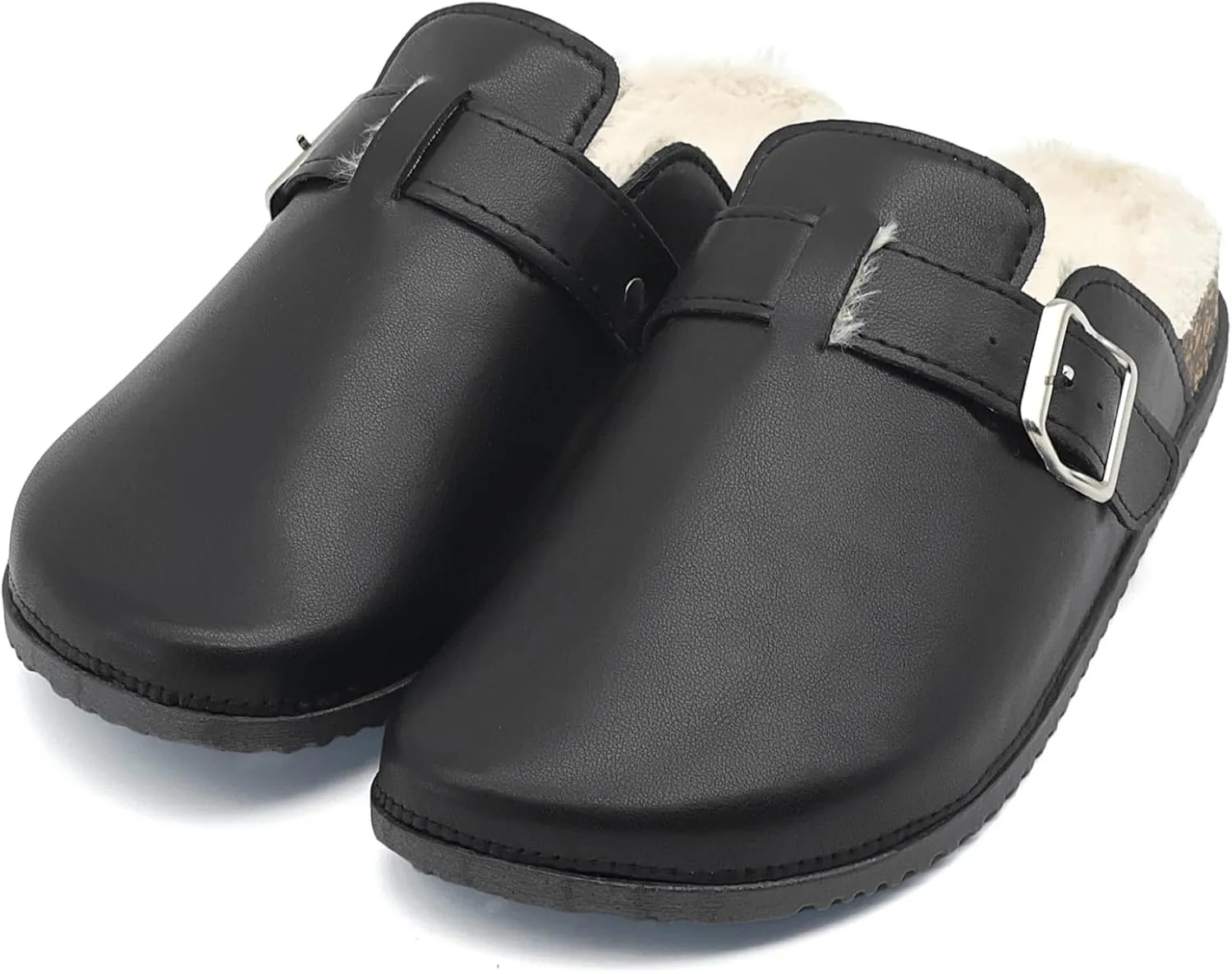 Waterproof Fur Lined Clogs for Women, PU Leather Winter Warm Fuzzy Cork Footbed Mules Slip On Patato Shoes for Indoor Outdoor