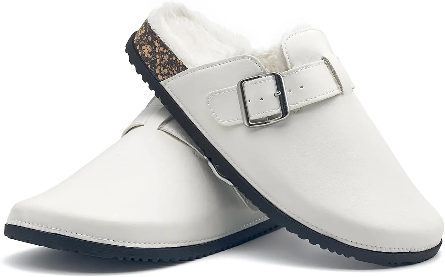 Waterproof Fur Lined Clogs for Women, PU Leather Winter Warm Fuzzy Cork Footbed Mules Slip On Patato Shoes for Indoor Outdoor