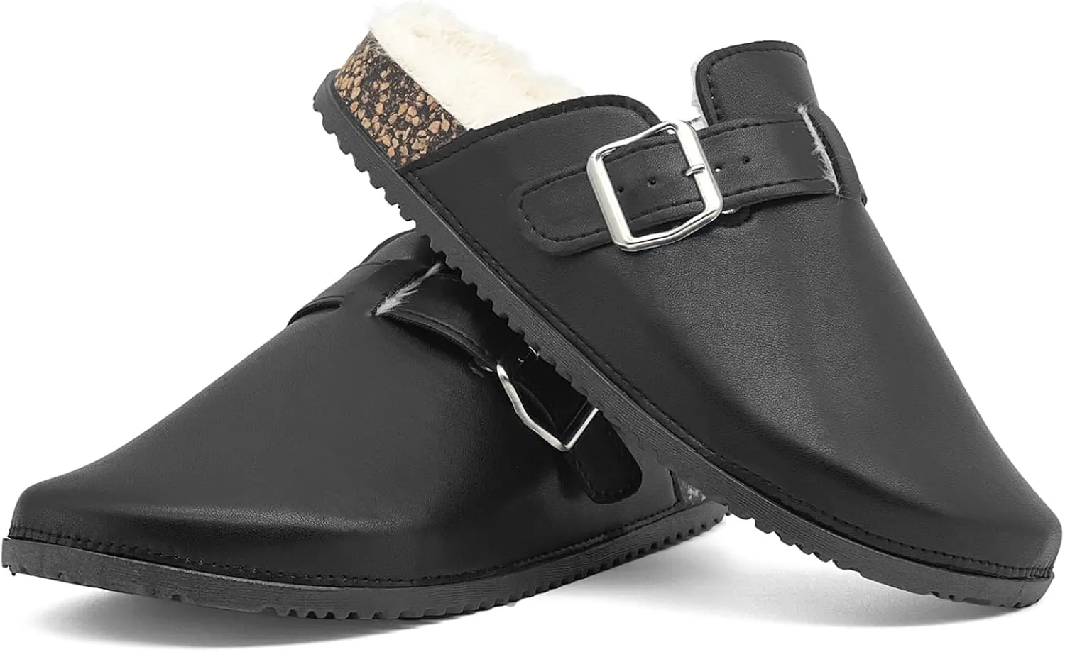Waterproof Fur Lined Clogs for Women, PU Leather Winter Warm Fuzzy Cork Footbed Mules Slip On Patato Shoes for Indoor Outdoor