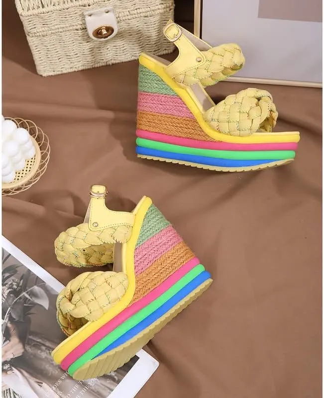 Wedge Sandals for Women Platform Espadrilles Colorful Wedge Heel Sandal with Ankle Strap