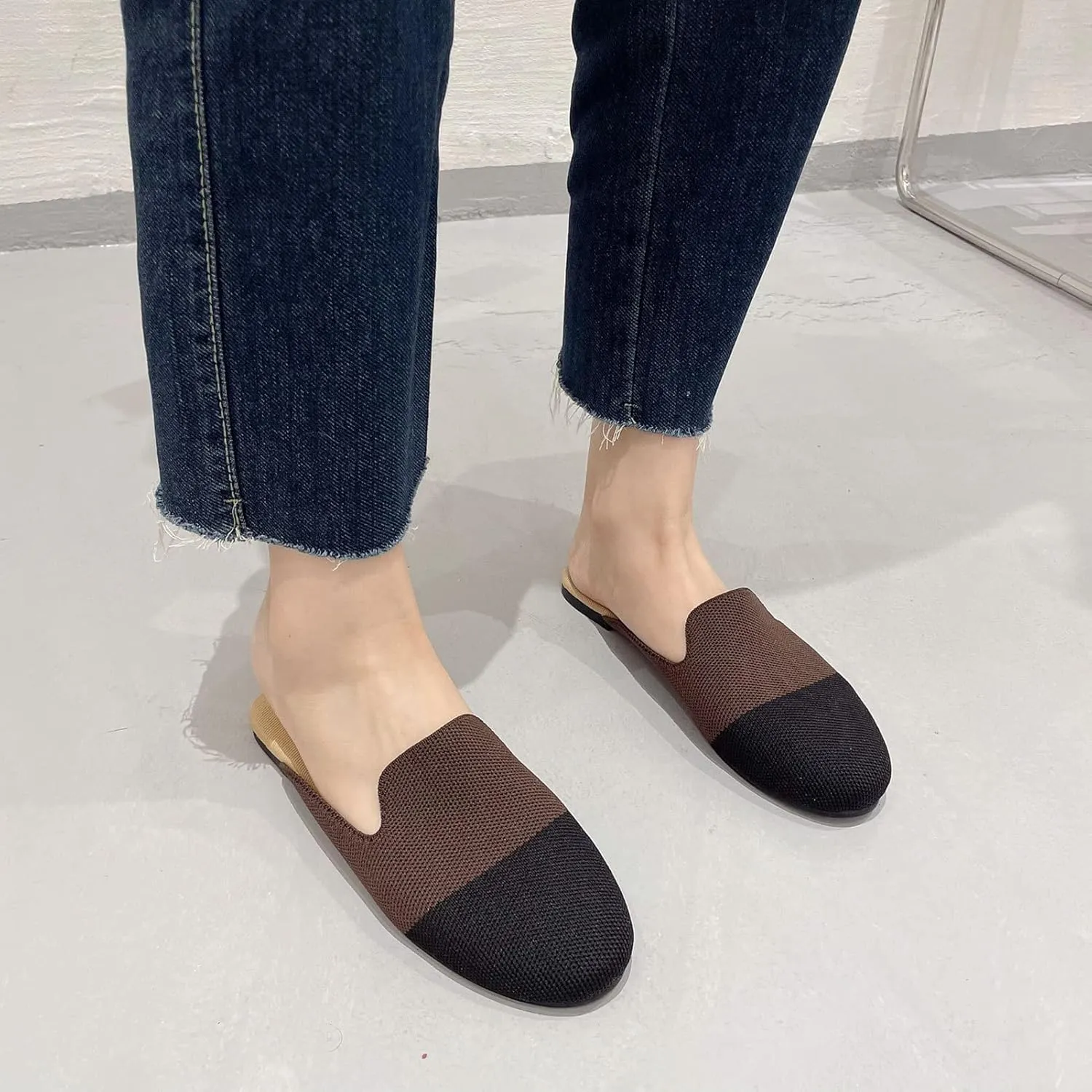 WENJIAZHIZHI Knit Mules House Slippers for Womens Cut-Out Slides Sandals Flats Dress Shoes Casual Slip-On Backless Loafers