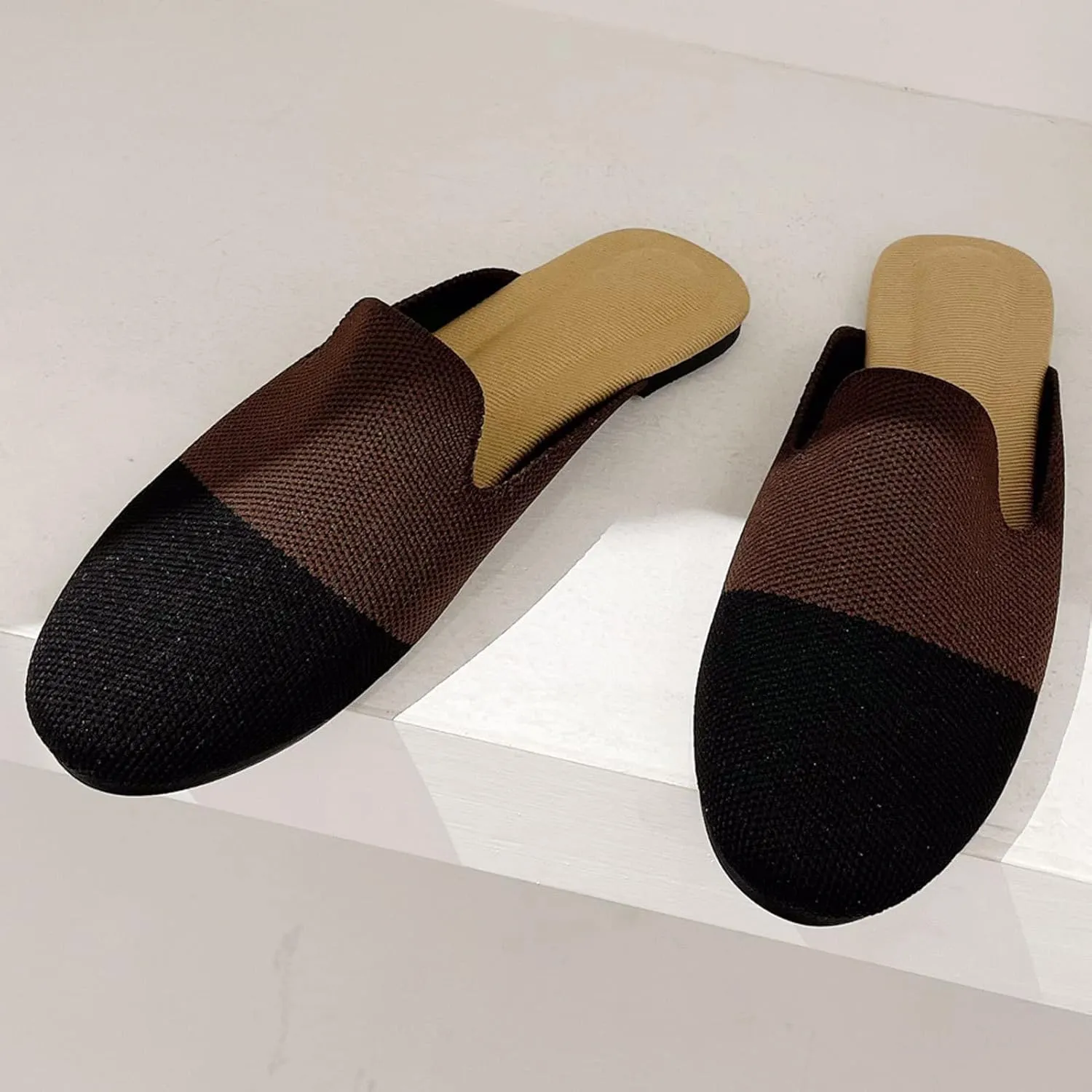 WENJIAZHIZHI Knit Mules House Slippers for Womens Cut-Out Slides Sandals Flats Dress Shoes Casual Slip-On Backless Loafers