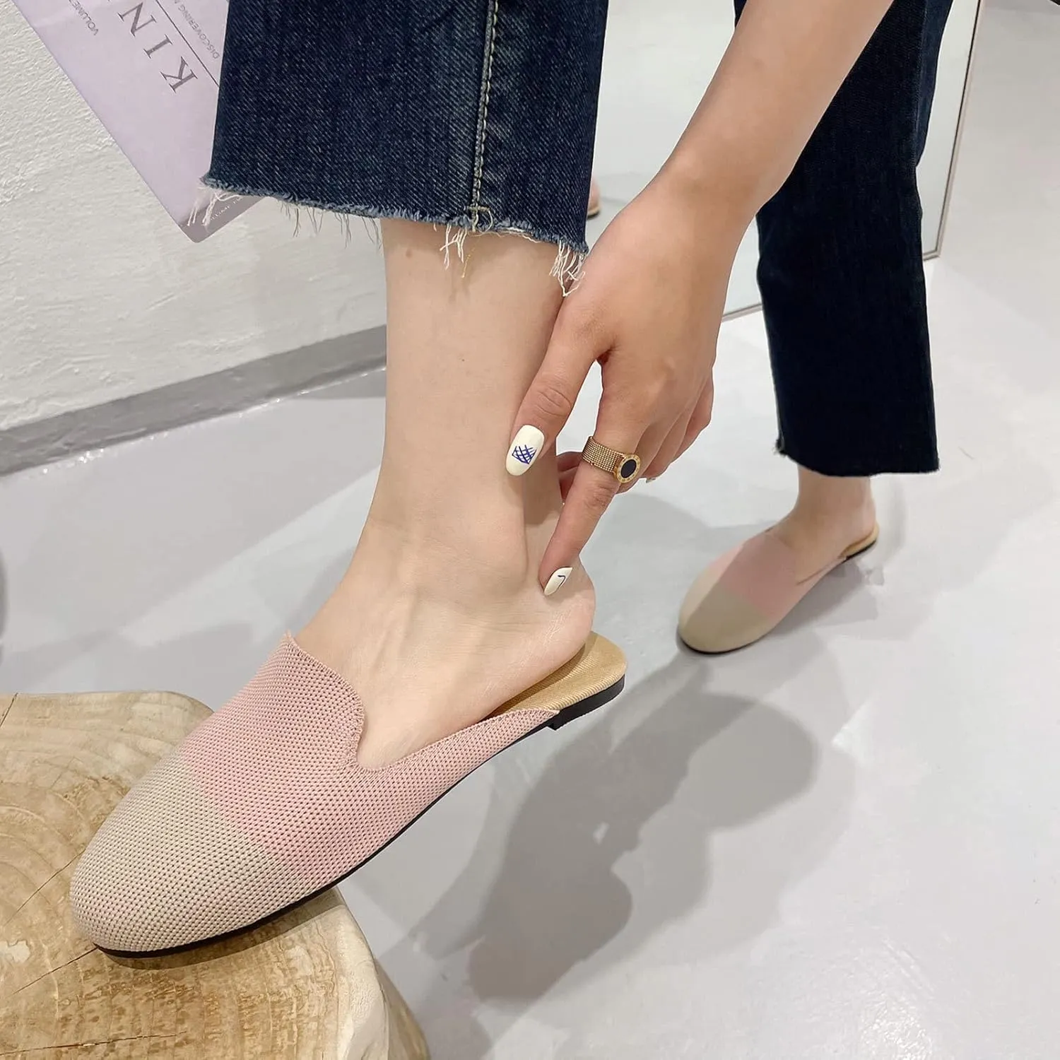 WENJIAZHIZHI Knit Mules House Slippers for Womens Cut-Out Slides Sandals Flats Dress Shoes Casual Slip-On Backless Loafers