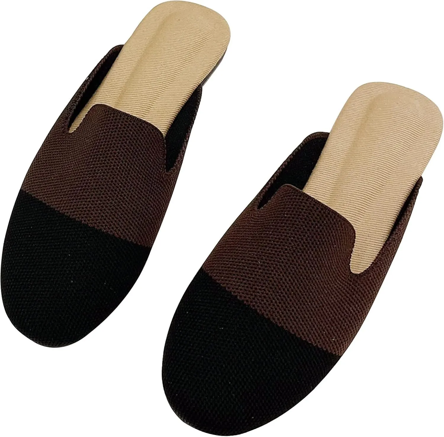 WENJIAZHIZHI Knit Mules House Slippers for Womens Cut-Out Slides Sandals Flats Dress Shoes Casual Slip-On Backless Loafers