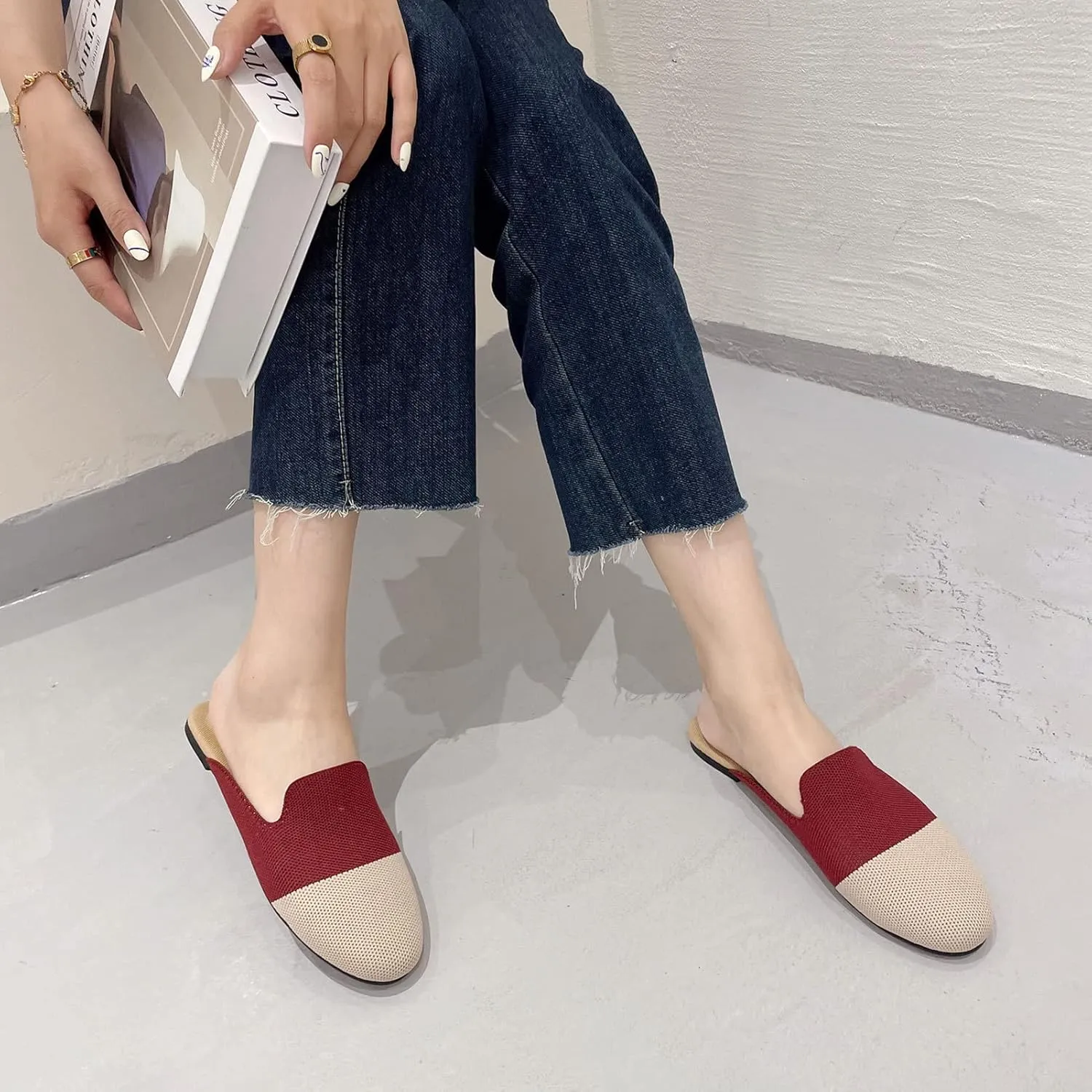 WENJIAZHIZHI Knit Mules House Slippers for Womens Cut-Out Slides Sandals Flats Dress Shoes Casual Slip-On Backless Loafers