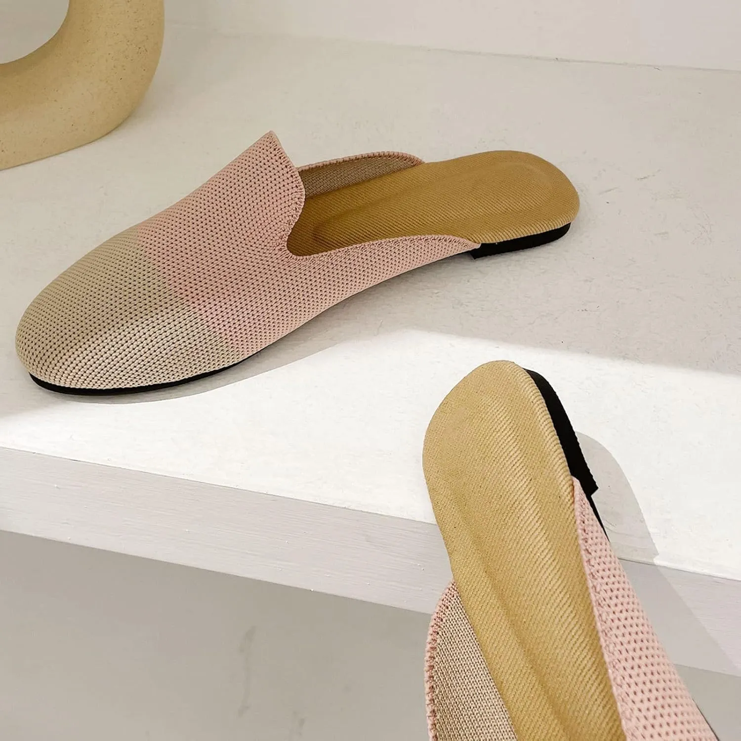 WENJIAZHIZHI Knit Mules House Slippers for Womens Cut-Out Slides Sandals Flats Dress Shoes Casual Slip-On Backless Loafers