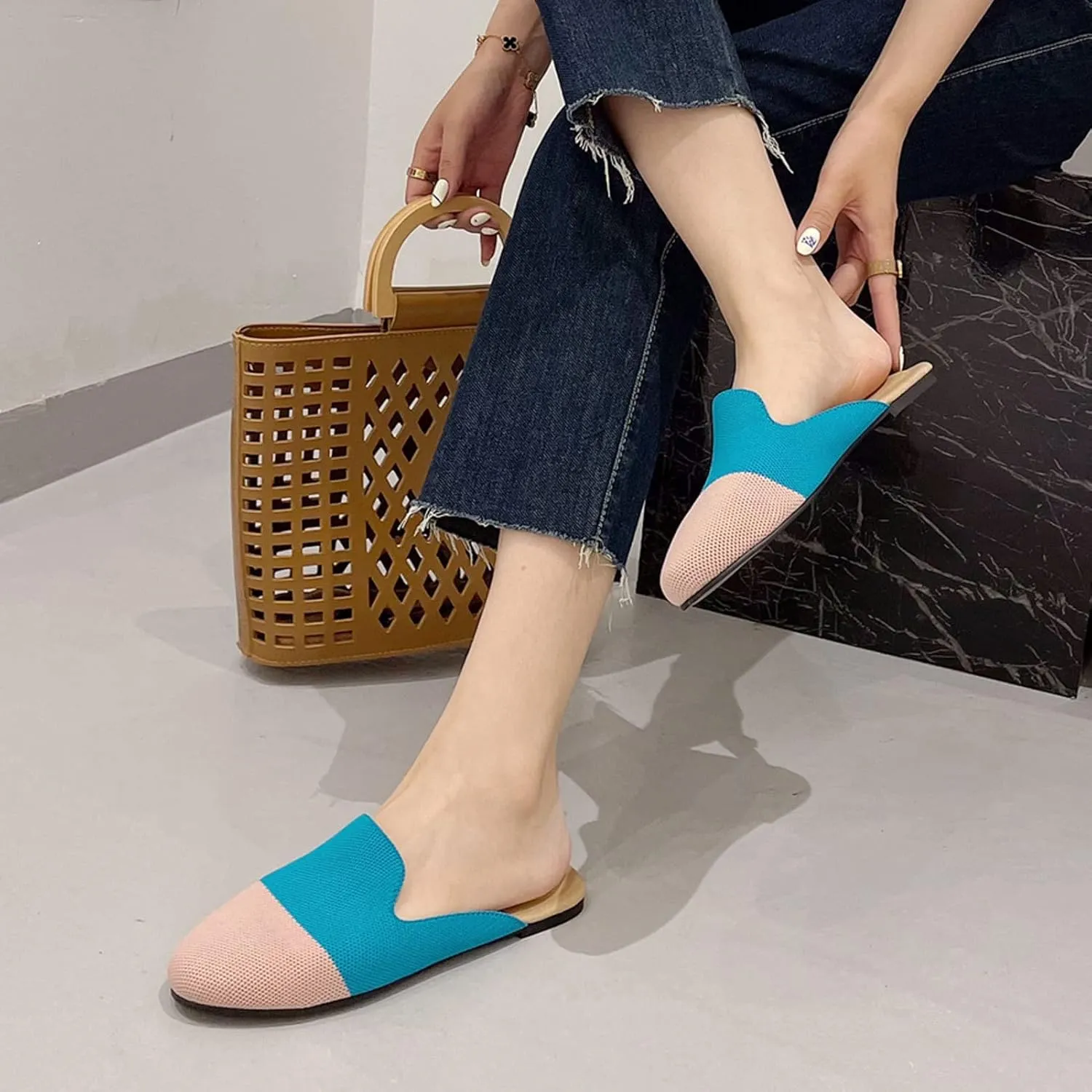 WENJIAZHIZHI Knit Mules House Slippers for Womens Cut-Out Slides Sandals Flats Dress Shoes Casual Slip-On Backless Loafers