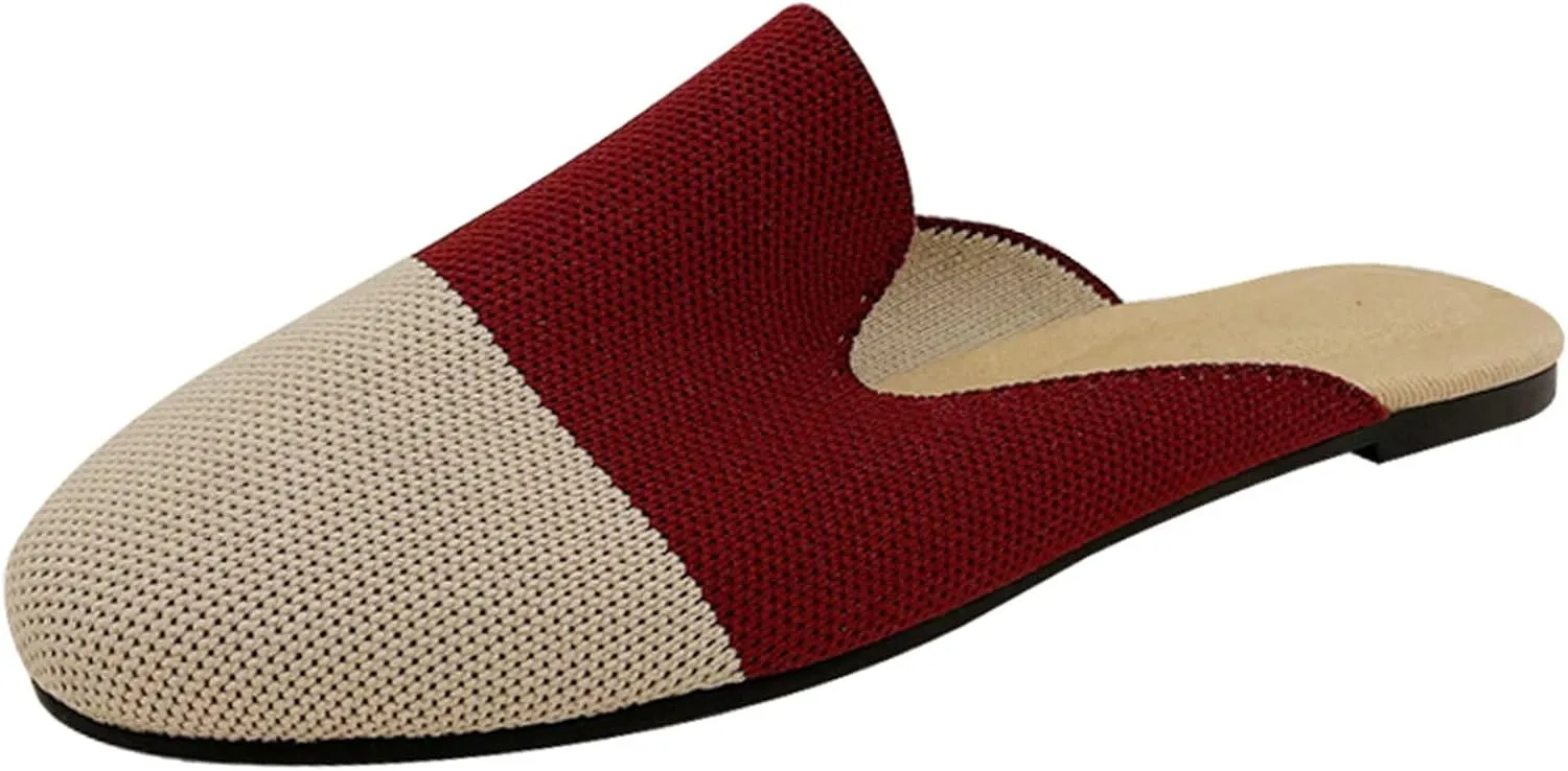 WENJIAZHIZHI Knit Mules House Slippers for Womens Cut-Out Slides Sandals Flats Dress Shoes Casual Slip-On Backless Loafers