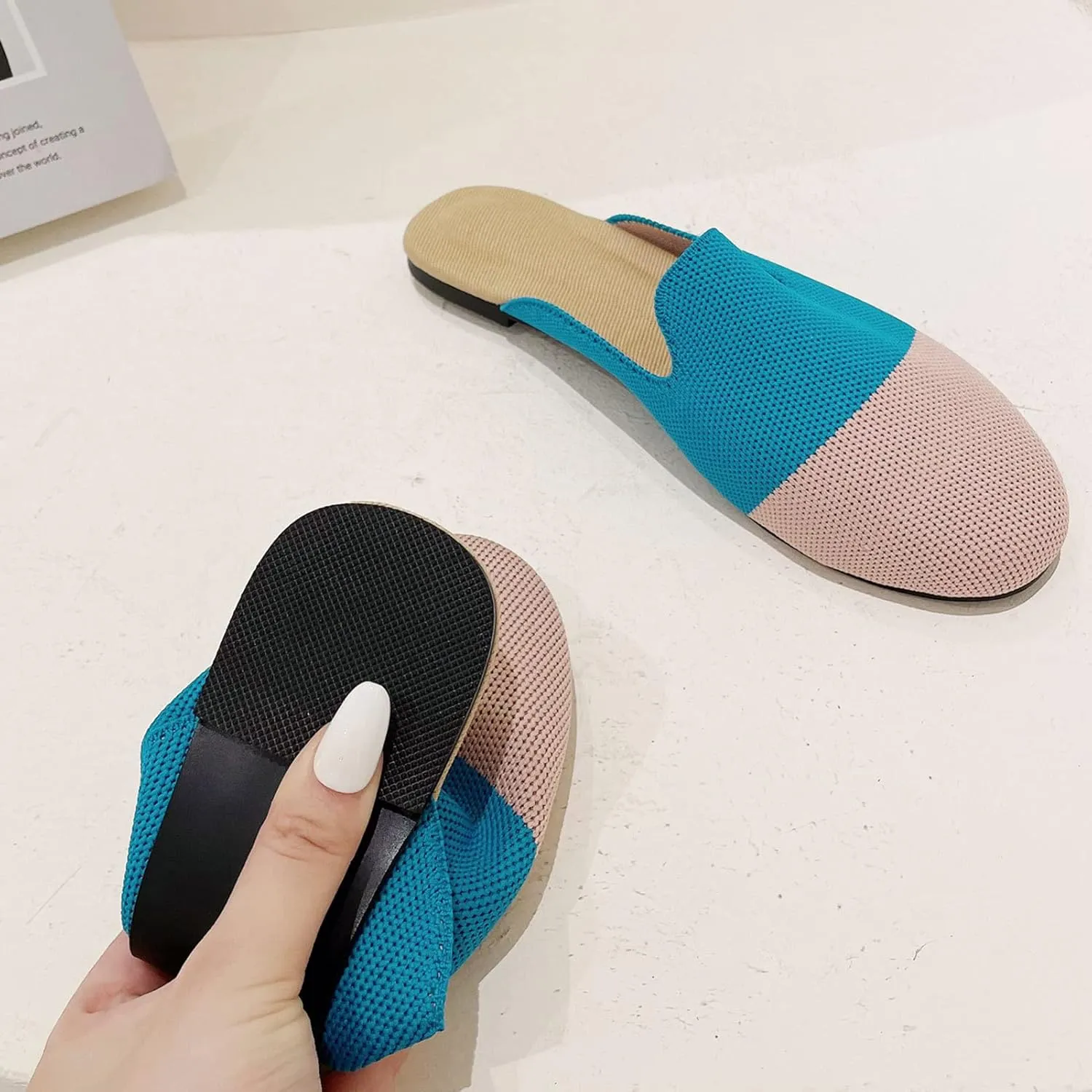 WENJIAZHIZHI Knit Mules House Slippers for Womens Cut-Out Slides Sandals Flats Dress Shoes Casual Slip-On Backless Loafers