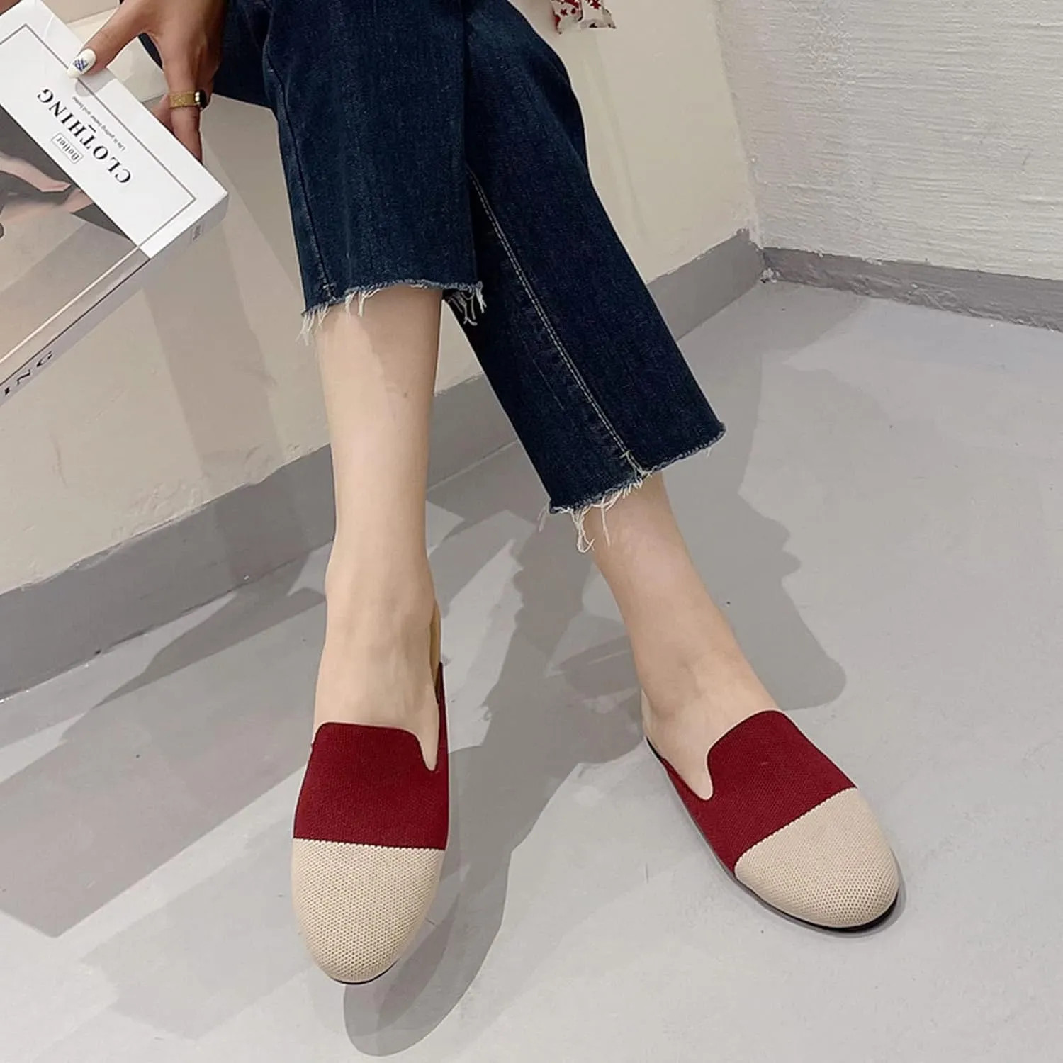 WENJIAZHIZHI Knit Mules House Slippers for Womens Cut-Out Slides Sandals Flats Dress Shoes Casual Slip-On Backless Loafers