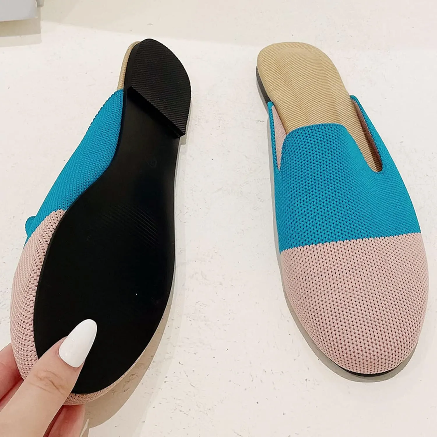 WENJIAZHIZHI Knit Mules House Slippers for Womens Cut-Out Slides Sandals Flats Dress Shoes Casual Slip-On Backless Loafers