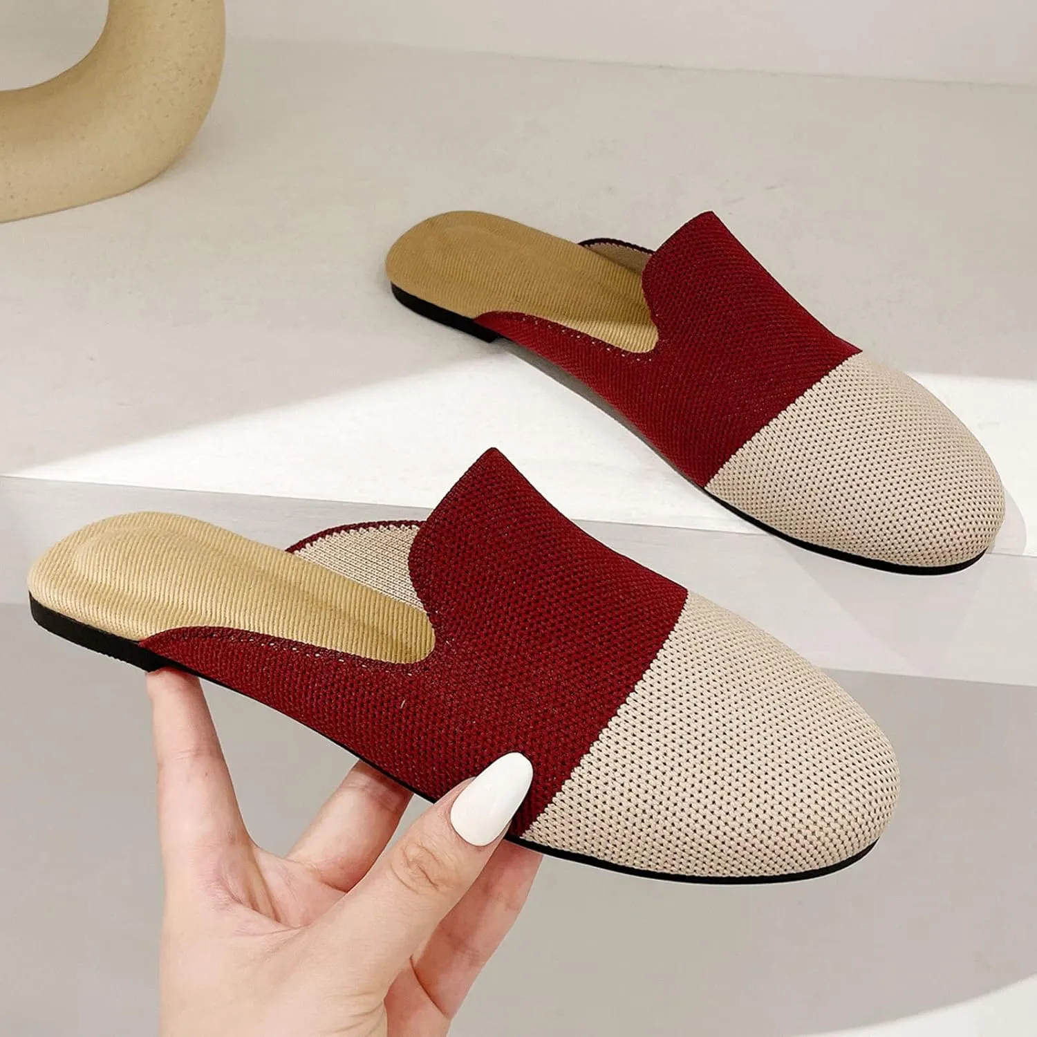 WENJIAZHIZHI Knit Mules House Slippers for Womens Cut-Out Slides Sandals Flats Dress Shoes Casual Slip-On Backless Loafers
