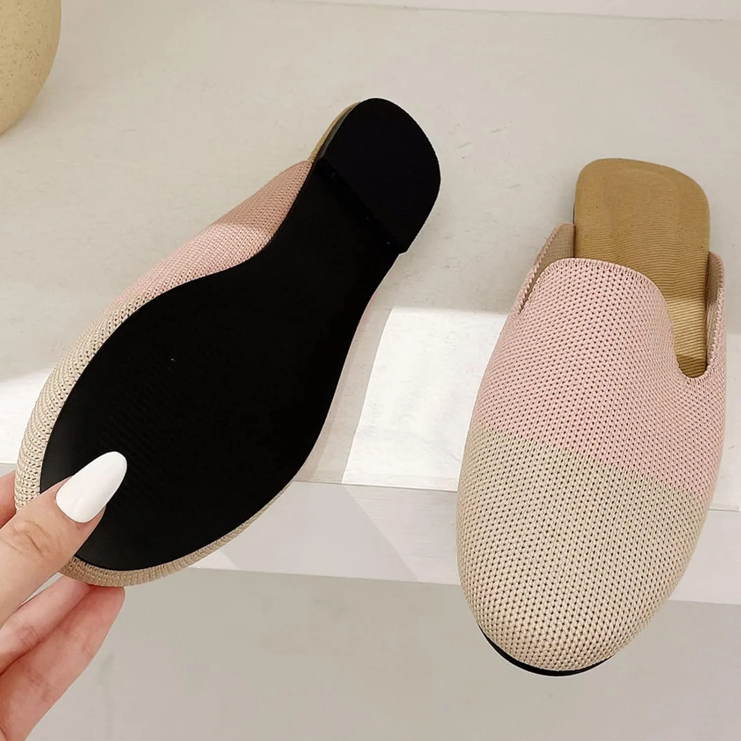 WENJIAZHIZHI Knit Mules House Slippers for Womens Cut-Out Slides Sandals Flats Dress Shoes Casual Slip-On Backless Loafers