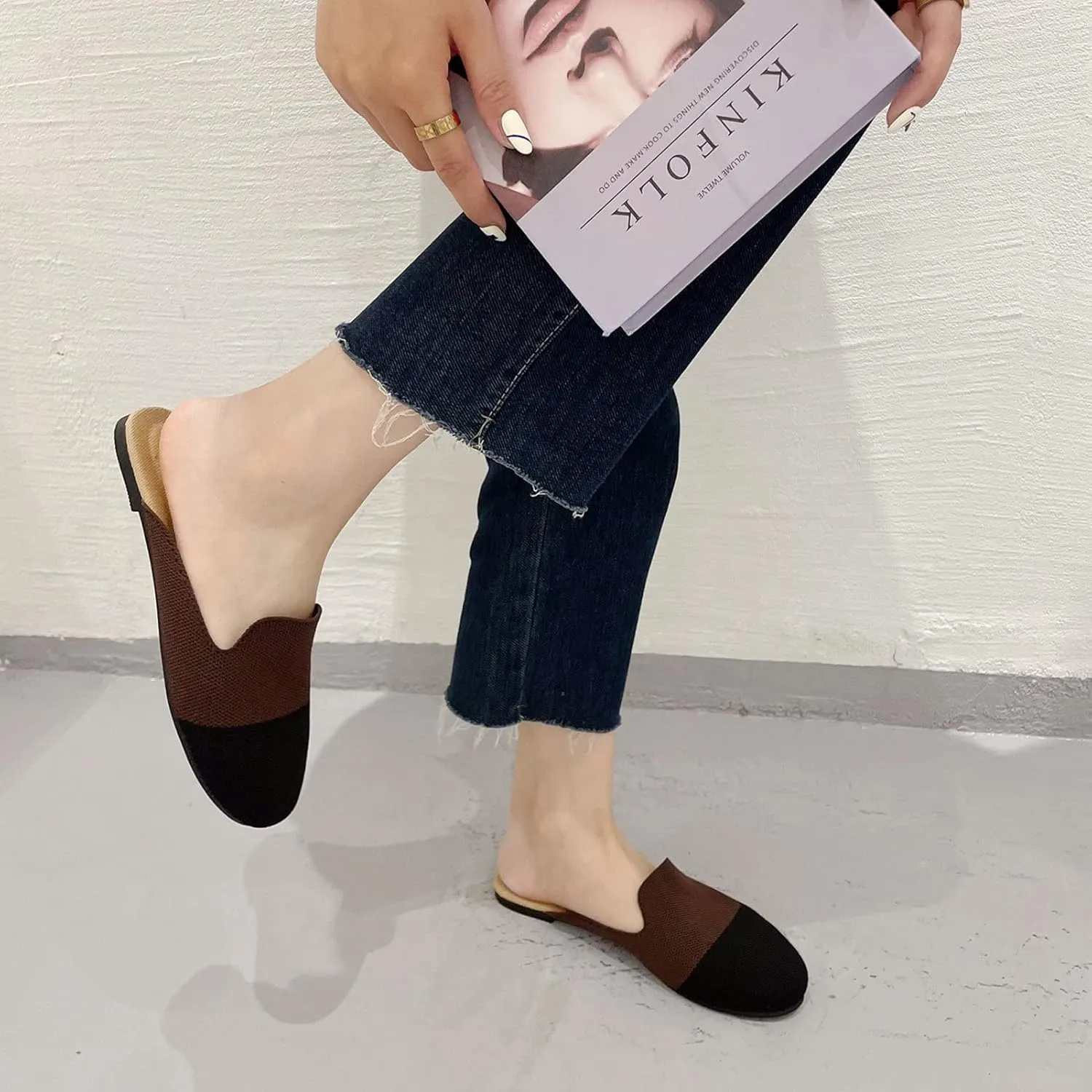 WENJIAZHIZHI Knit Mules House Slippers for Womens Cut-Out Slides Sandals Flats Dress Shoes Casual Slip-On Backless Loafers