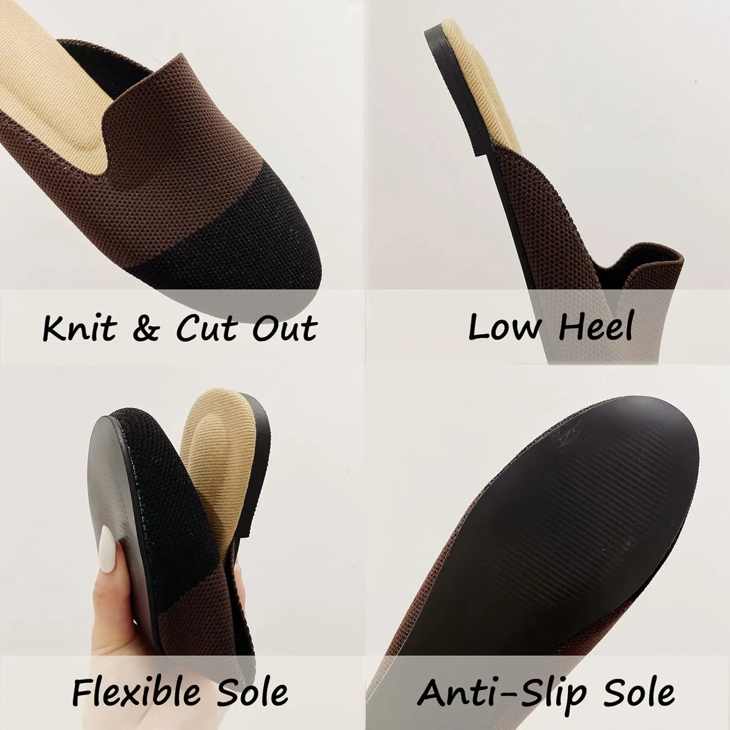 WENJIAZHIZHI Knit Mules House Slippers for Womens Cut-Out Slides Sandals Flats Dress Shoes Casual Slip-On Backless Loafers