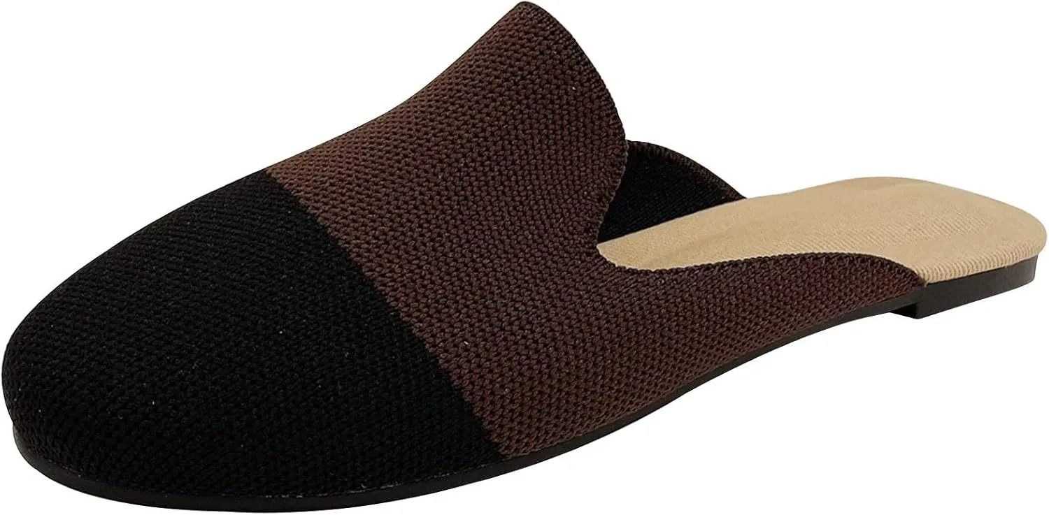 WENJIAZHIZHI Knit Mules House Slippers for Womens Cut-Out Slides Sandals Flats Dress Shoes Casual Slip-On Backless Loafers