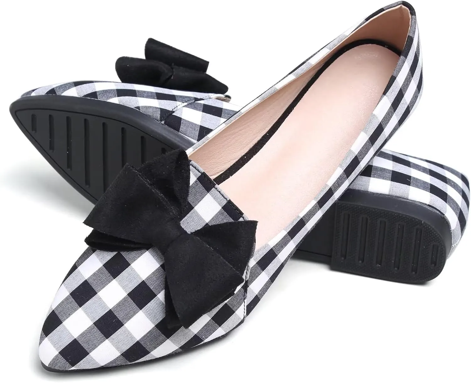 WENJIAZHIZHI Women's Pointed Toe Suede Bow Loafers Comfortable Ballet Flats Soft Office Lady Shoes Low-Heel Walking Slip-ons