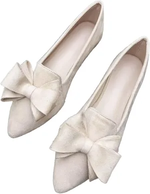 WENJIAZHIZHI Women's Pointed Toe Suede Bow Loafers Comfortable Ballet Flats Soft Office Lady Shoes Low-Heel Walking Slip-ons