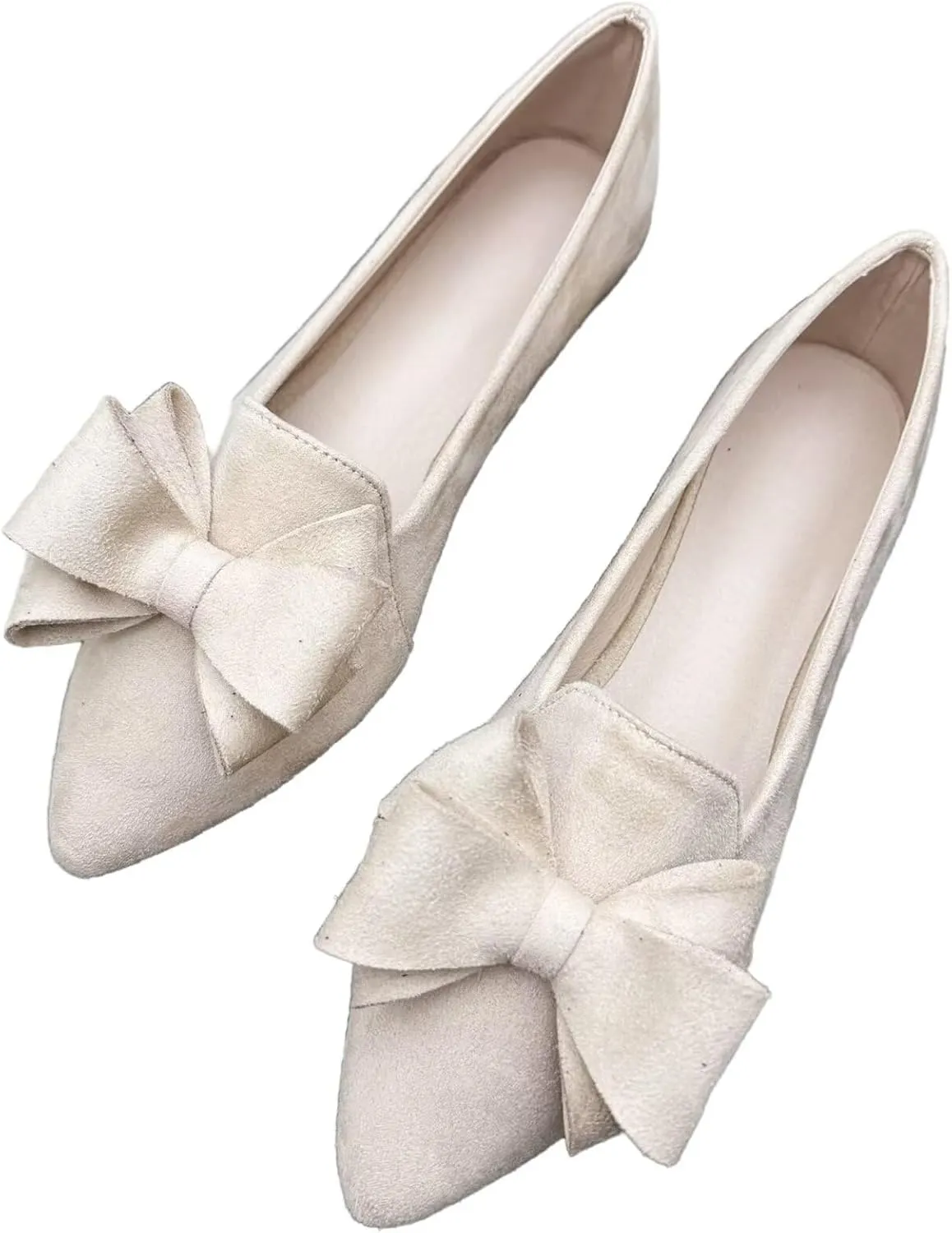 WENJIAZHIZHI Women's Pointed Toe Suede Bow Loafers Comfortable Ballet Flats Soft Office Lady Shoes Low-Heel Walking Slip-ons