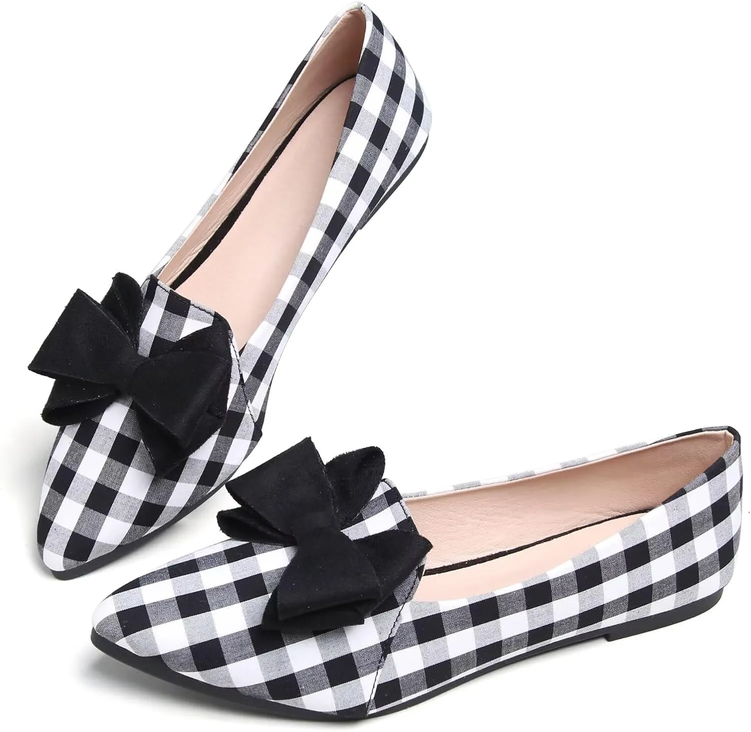 WENJIAZHIZHI Women's Pointed Toe Suede Bow Loafers Comfortable Ballet Flats Soft Office Lady Shoes Low-Heel Walking Slip-ons