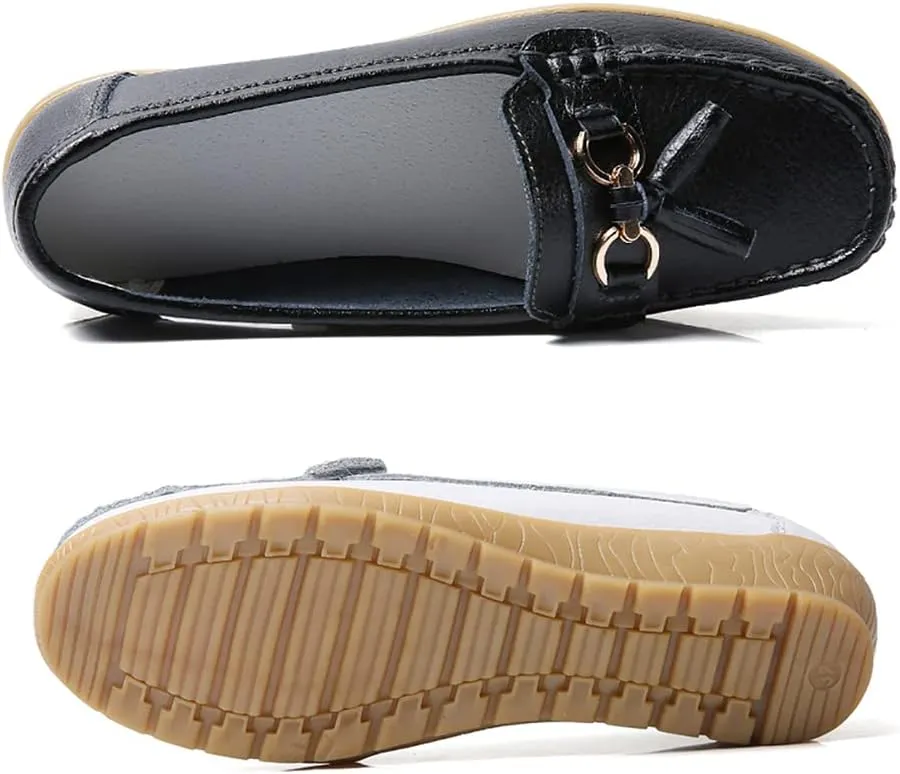 WERWAES Casual Women’s Loafers Flat Metal Buckle Comfortable Lightweight Penny Loafers for Womens Leather Slip-on Outdoor Driving Moccasion Boat Shoes