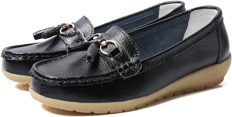 WERWAES Casual Women’s Loafers Flat Metal Buckle Comfortable Lightweight Penny Loafers for Womens Leather Slip-on Outdoor Driving Moccasion Boat Shoes