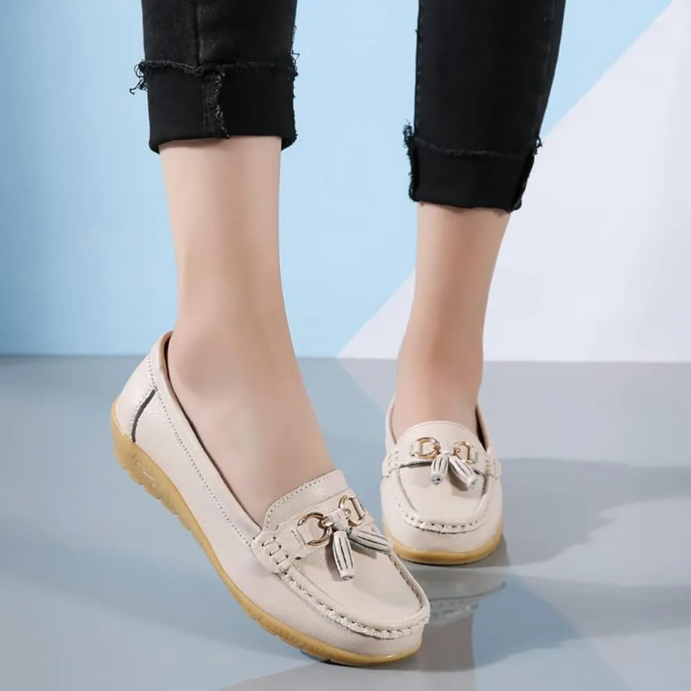 WERWAES Casual Women’s Loafers Flat Metal Buckle Comfortable Lightweight Penny Loafers for Womens Leather Slip-on Outdoor Driving Moccasion Boat Shoes