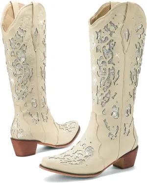 Western Cowboy Boots with Comfortable Calf Black Cowgirl Boot Women Sparkly Rhinestone Wedding Boots Trendy Vintage Tall Glitter Boot with Embroidery and Chunky Heel for Daily Wearing|Office|Party