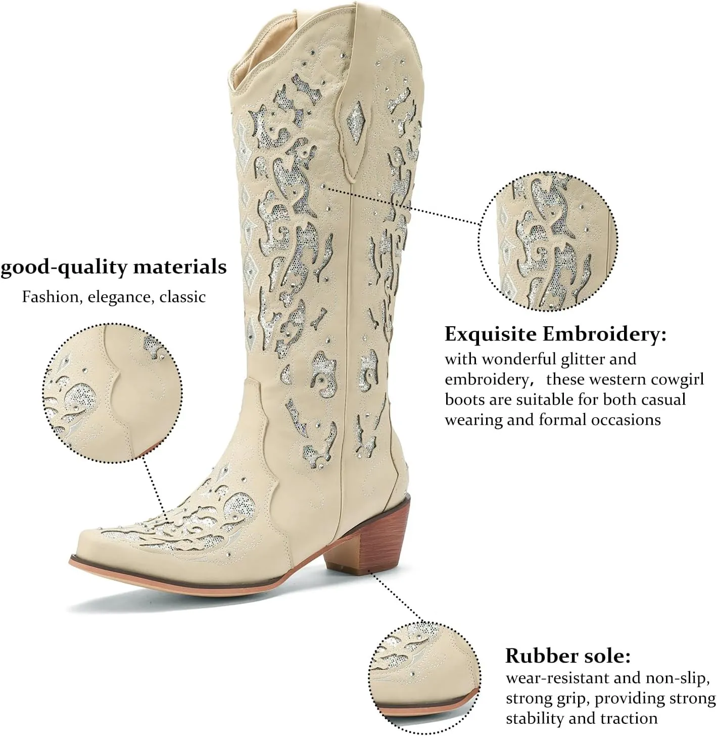 Western Cowboy Boots with Comfortable Calf Black Cowgirl Boot Women Sparkly Rhinestone Wedding Boots Trendy Vintage Tall Glitter Boot with Embroidery and Chunky Heel for Daily Wearing|Office|Party