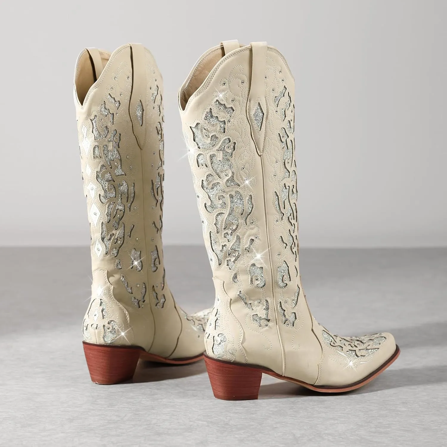 Western Cowboy Boots with Comfortable Calf Black Cowgirl Boot Women Sparkly Rhinestone Wedding Boots Trendy Vintage Tall Glitter Boot with Embroidery and Chunky Heel for Daily Wearing|Office|Party