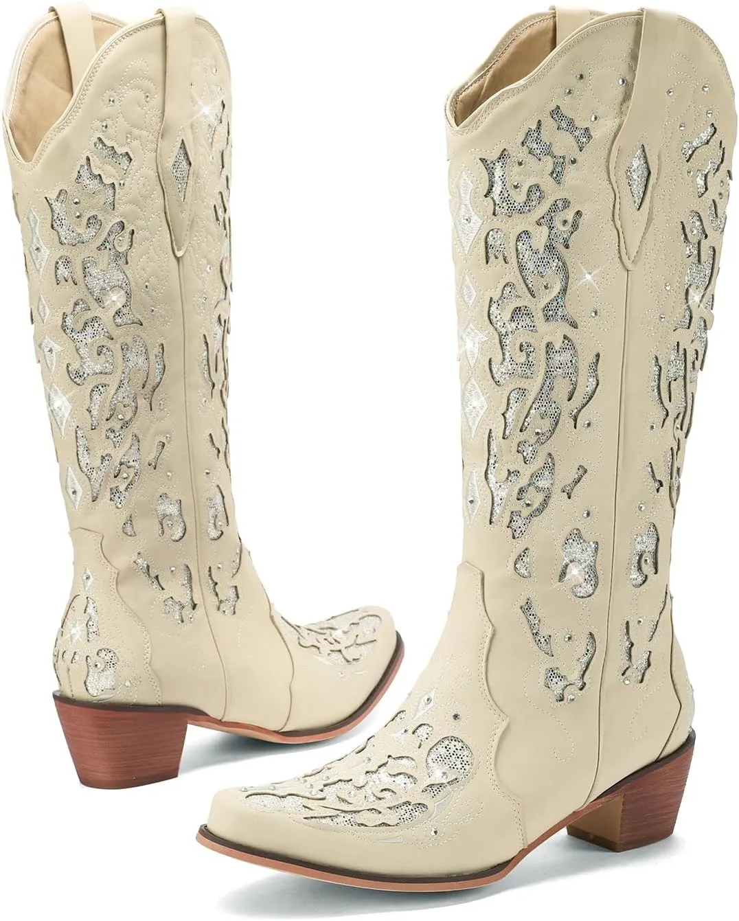 Western Cowboy Boots with Comfortable Calf Black Cowgirl Boot Women Sparkly Rhinestone Wedding Boots Trendy Vintage Tall Glitter Boot with Embroidery and Chunky Heel for Daily Wearing|Office|Party