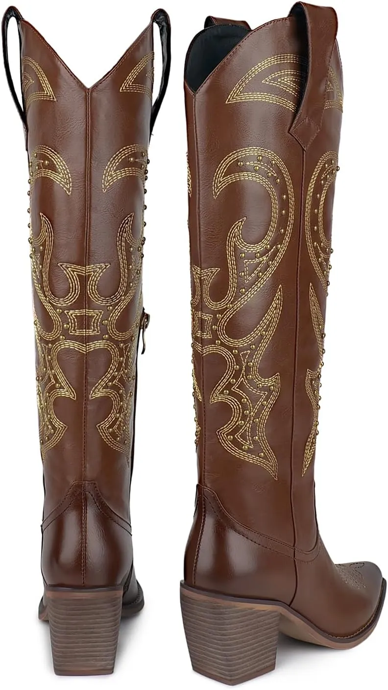 wetkiss Cowboy Boots for Women Knee High, Cowgirl Boots Women Rhinestone Comfort Fashion Tall Sparkling Western Boots Boots for Women
