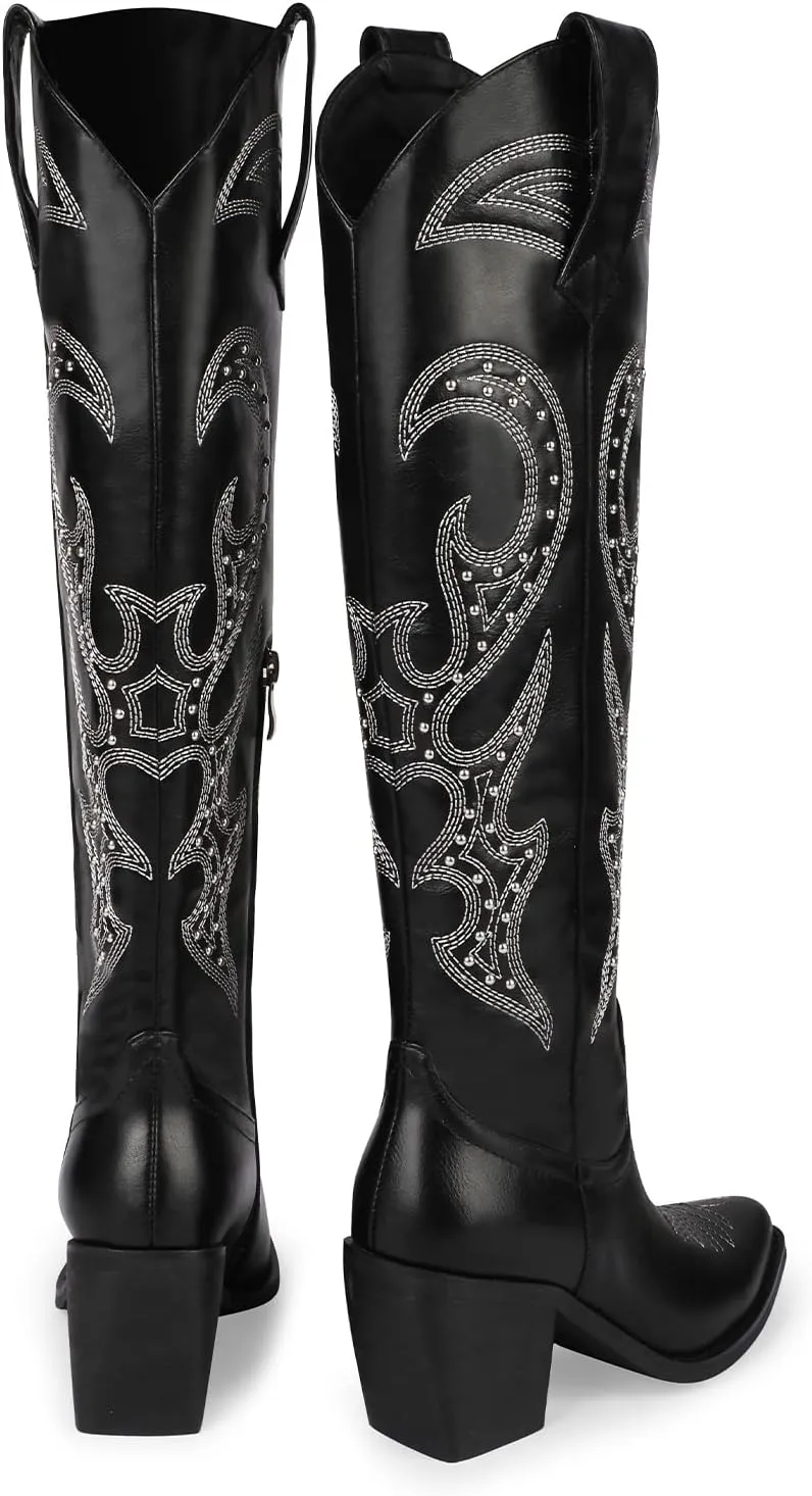 wetkiss Cowboy Boots for Women Knee High, Cowgirl Boots Women Rhinestone Comfort Fashion Tall Sparkling Western Boots Boots for Women