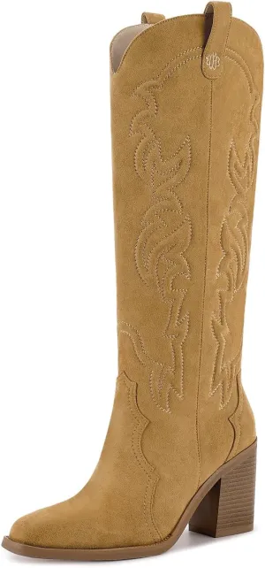 wetkiss Cowgirl Boots Women Knee High Boots, Embroidered Cowboy Boots with Chunky Heel Comfort Tall Western Boots for Women