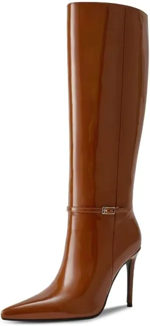 wetkiss Knee High Boots for Women with Pointed Toe, Long Faux Leather Stiletto High Heel Boots for Women, Fashion and Sexy