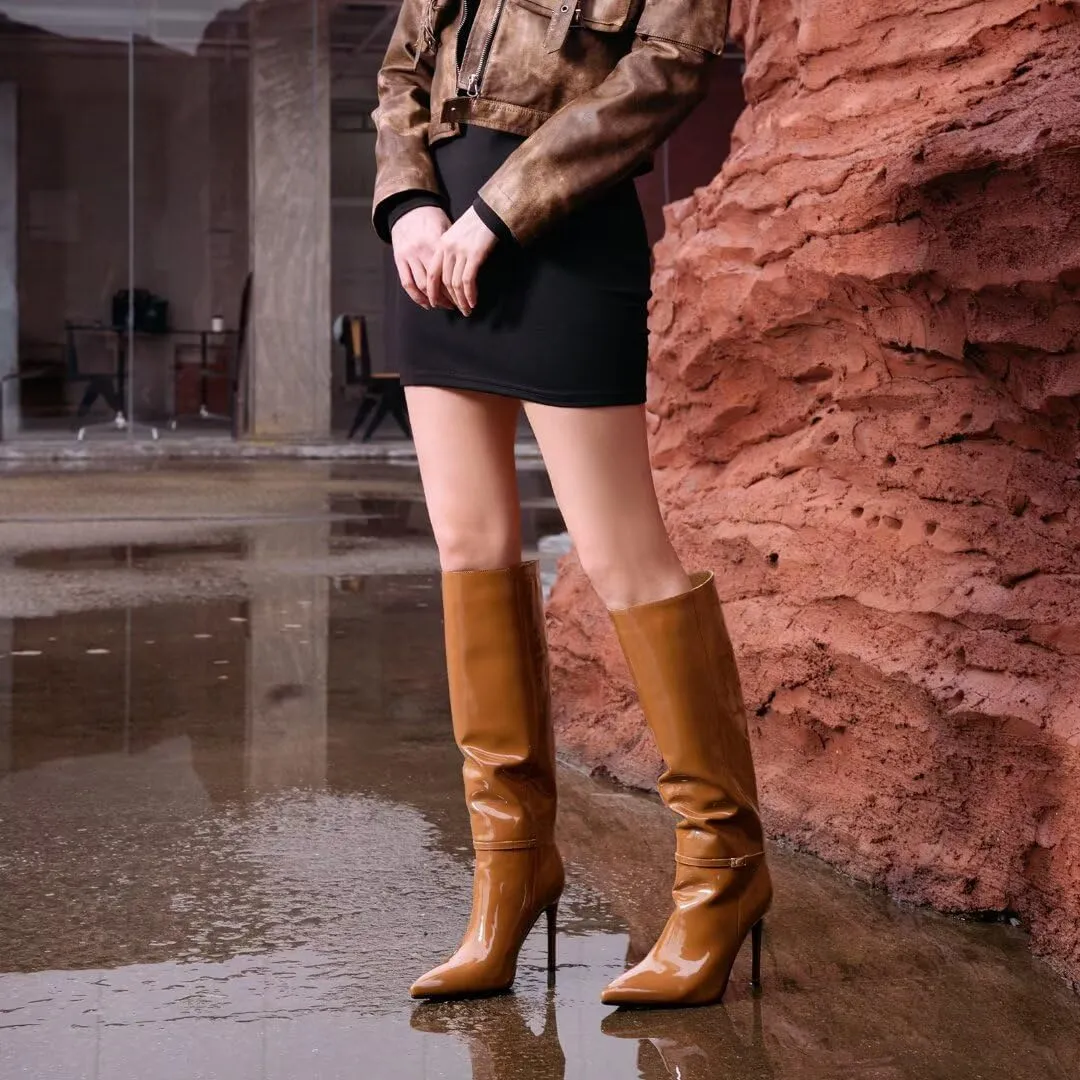 wetkiss Knee High Boots for Women with Pointed Toe, Long Faux Leather Stiletto High Heel Boots for Women, Fashion and Sexy