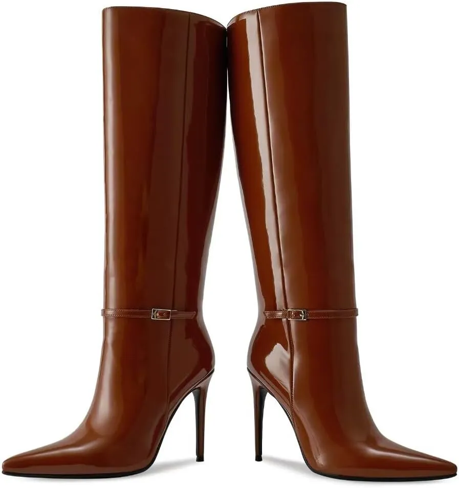 wetkiss Knee High Boots for Women with Pointed Toe, Long Faux Leather Stiletto High Heel Boots for Women, Fashion and Sexy