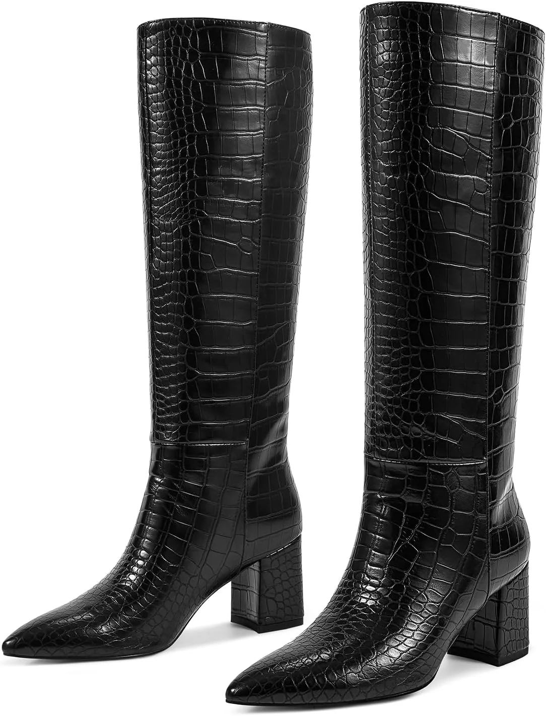 wetkiss Knee High Boots Women Chunky Heel Faux Crocodile Boots Pointed Toe Tall Pull-On Fall Long Boot