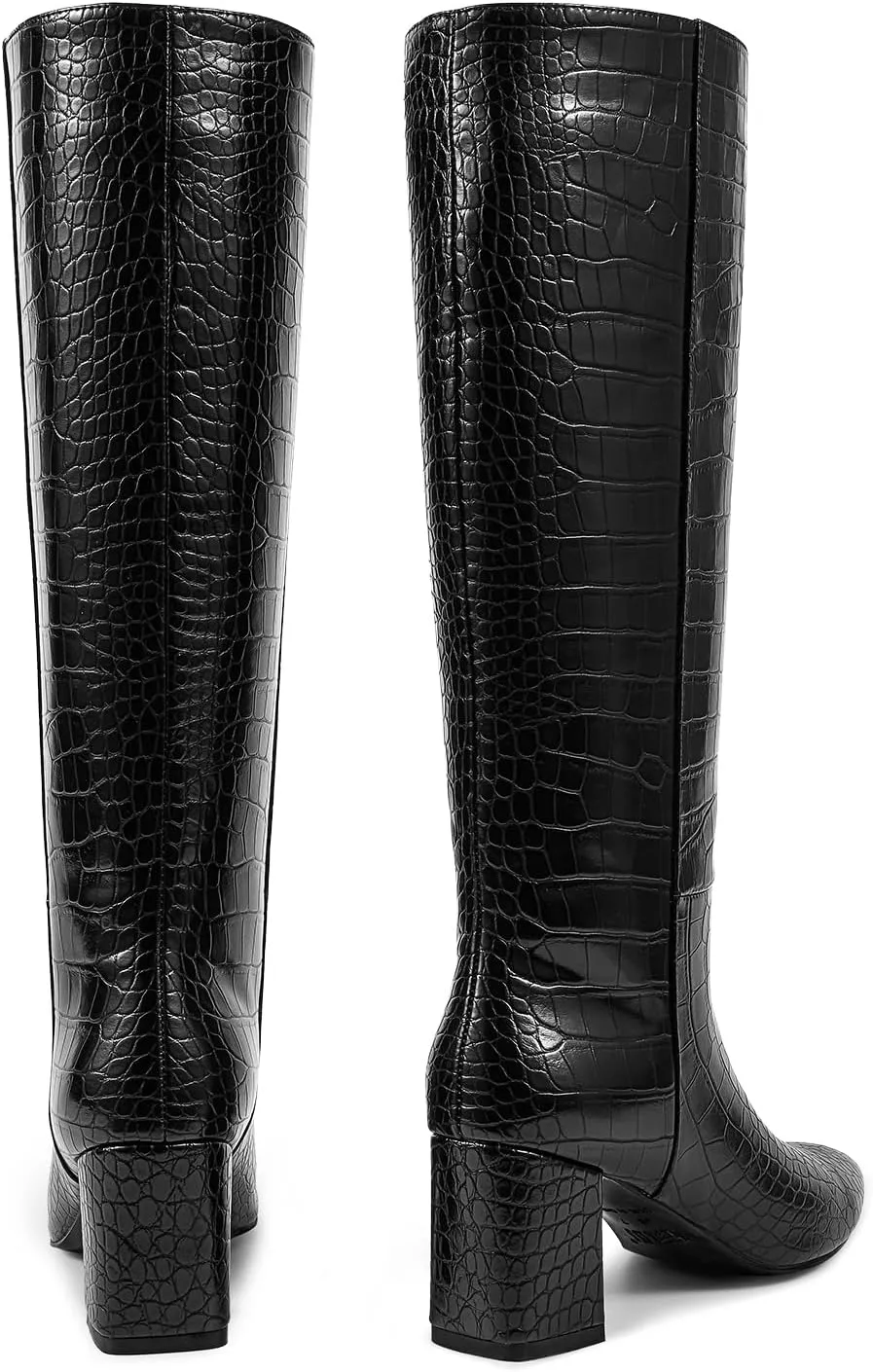 wetkiss Knee High Boots Women Chunky Heel Faux Crocodile Boots Pointed Toe Tall Pull-On Fall Long Boot