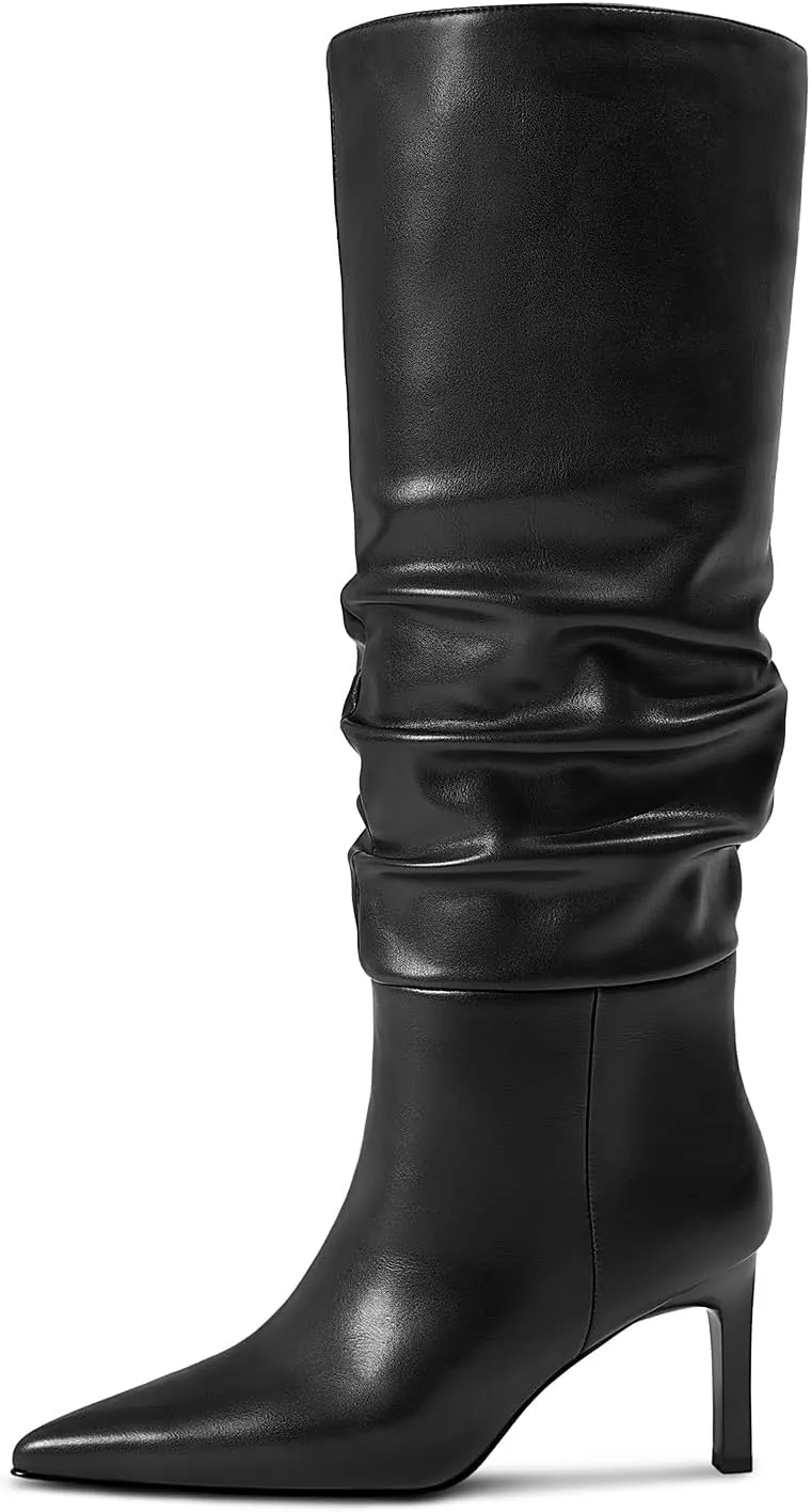 wetkiss Knee High Boots Women Chunky Heel Faux Crocodile Boots Pointed Toe Tall Pull-On Fall Long Boot