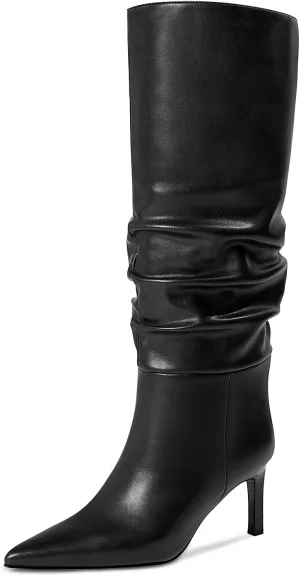 wetkiss Knee High Boots Women Chunky Heel Faux Crocodile Boots Pointed Toe Tall Pull-On Fall Long Boot