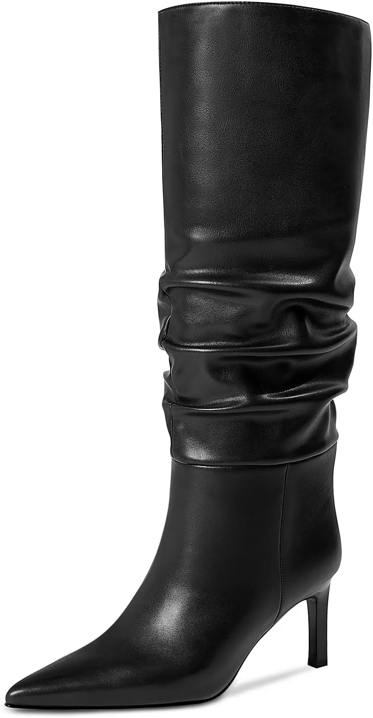 wetkiss Knee High Boots Women Chunky Heel Faux Crocodile Boots Pointed Toe Tall Pull-On Fall Long Boot