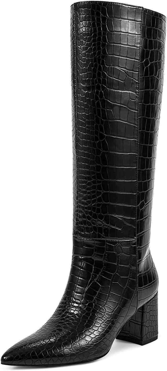 wetkiss Knee High Boots Women Chunky Heel Faux Crocodile Boots Pointed Toe Tall Pull-On Fall Long Boot