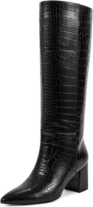 wetkiss Knee High Boots Women Chunky Heel Faux Crocodile Boots Pointed Toe Tall Pull-On Fall Long Boot