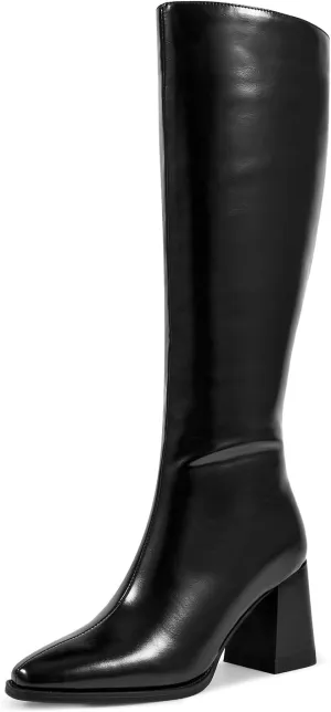 wetkiss Rhinestone/PU Low Chunky Pointed Toe Knee High Boots for Women with Full Bling Sparkly Crystals Booties for Wedding Party Date Dress
