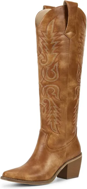 wetkiss Womens Cowboy Boots Side Zipper Ladies Cowgirl Knee High Boots,Comfortable Retro Tall Vintage Embroidery Pointed Toe Block Chunky Heel